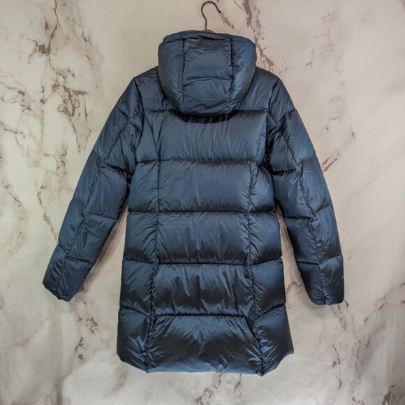 Eddie Bauer Down Puffer Jacket Women Medium Blue Parka Coat Hood Long 650 FP - Picture 5 of 13